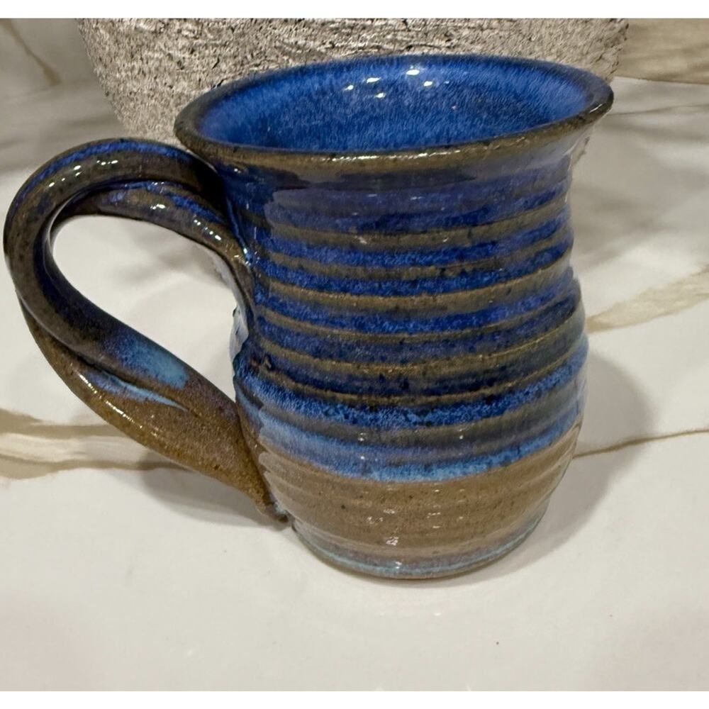 Deguzman Pottery blue And Tan Coffee Tea Mug 10 Ounce Twisted Handle